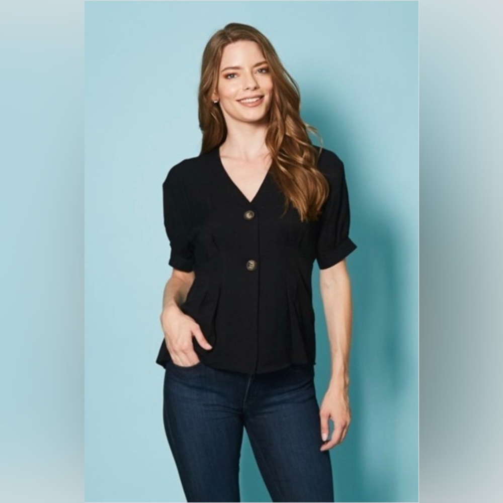 NEW Black V-neck Top with Wooden Button Closures